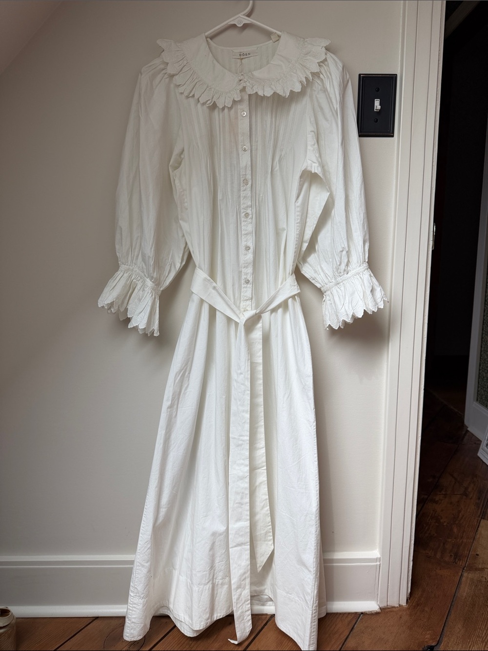 Doen Helena Powder  Ruffled-Collar Cotton Maxi Dress with Tie Waist